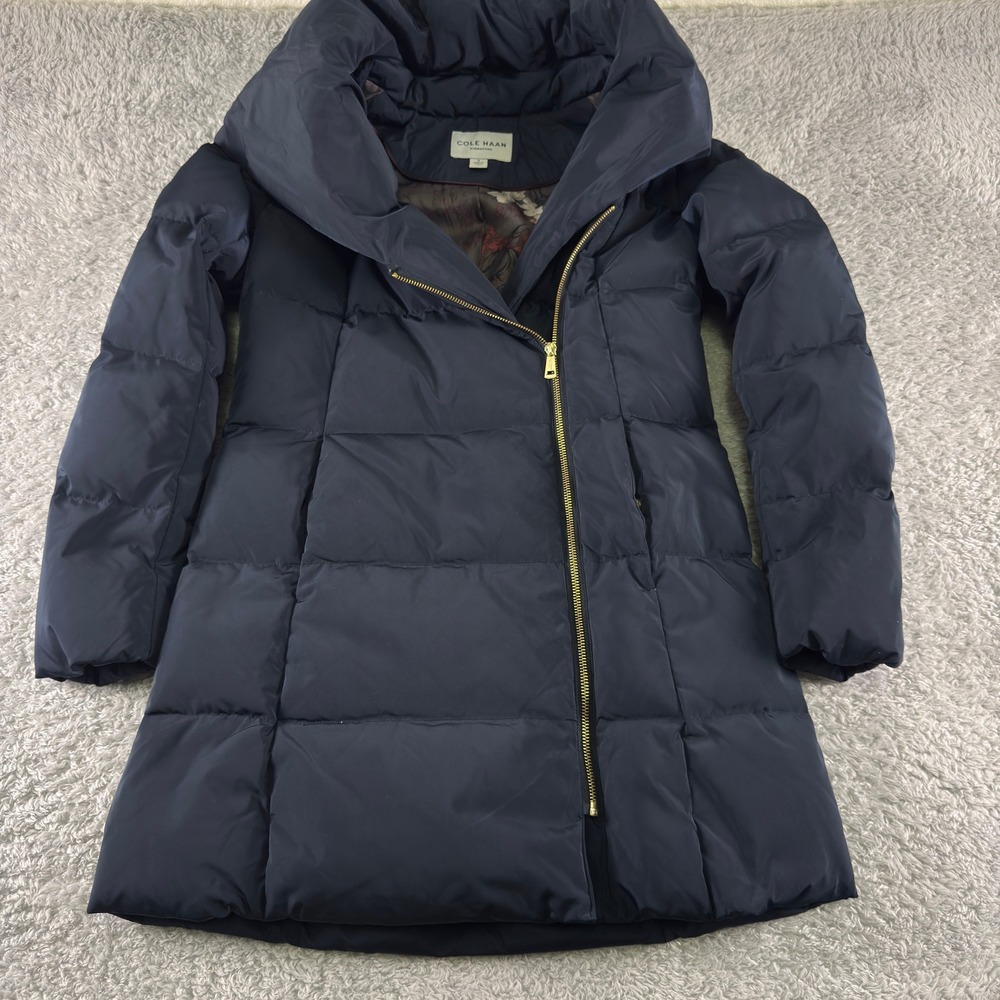 Cole Haan Signature Navy Blue Asymmetrical Zip Down Puffer Coat Shawl Collar S‎